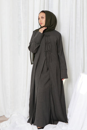 Ayla Linen Tie Abaya Set- Koala Gray