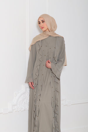 Lamya Beaded Chiffon Abaya Set- Desert Sage