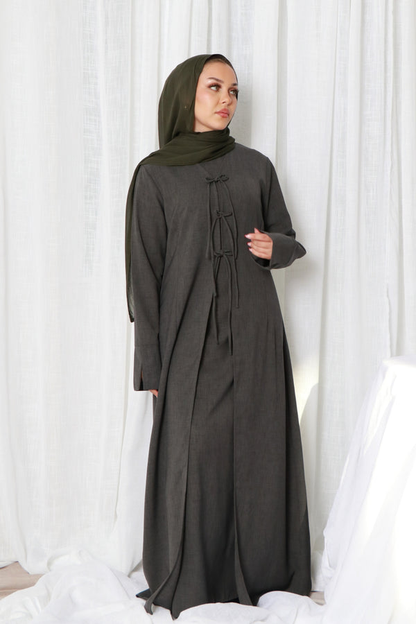 Ayla Linen Tie Abaya Set- Koala Gray