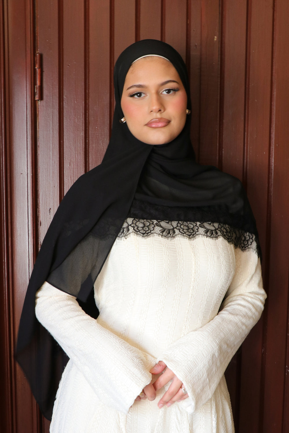 Premium Lace Chiffon Scarf- Black