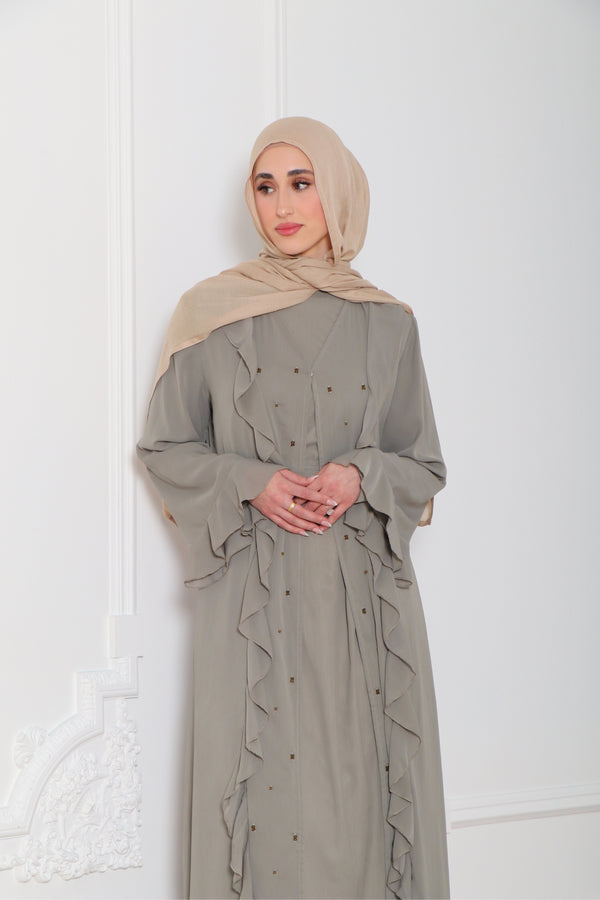 Lamya Beaded Chiffon Abaya Set- Desert Sage