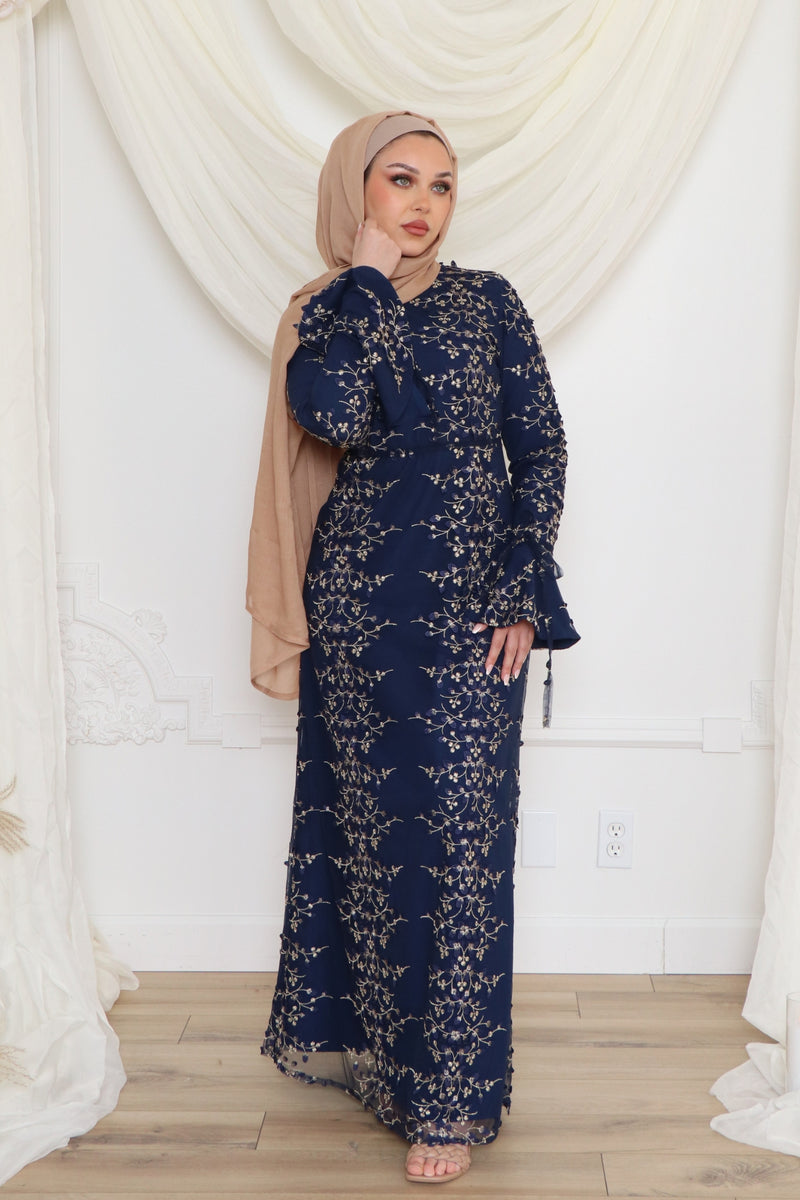 Elena Embroidery Maxi Dress- Navy Blue