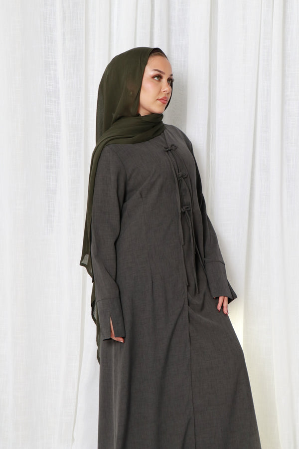 Ayla Linen Tie Abaya Set- Koala Gray