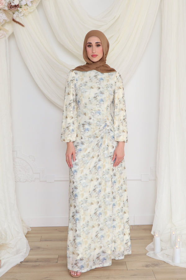 Hailey Mesh Print Dress- Cream/Blue