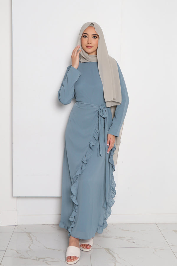 Dina Embroidery Abaya Set- Dusty Blue