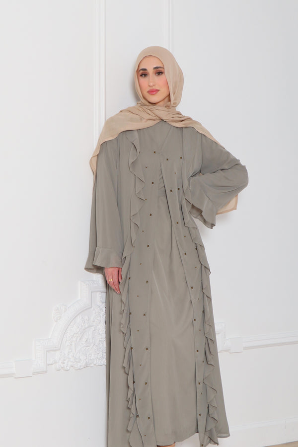 Lamya Beaded Chiffon Abaya Set- Desert Sage