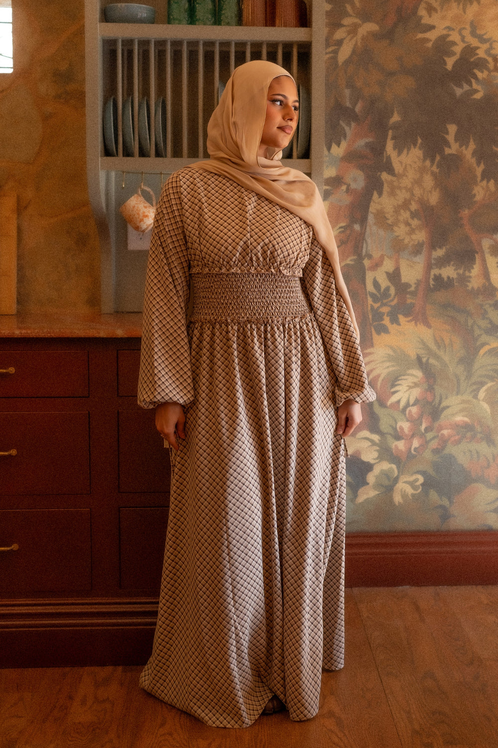 Elsie Shirred Waist Plaid Dress - Mocha Brown