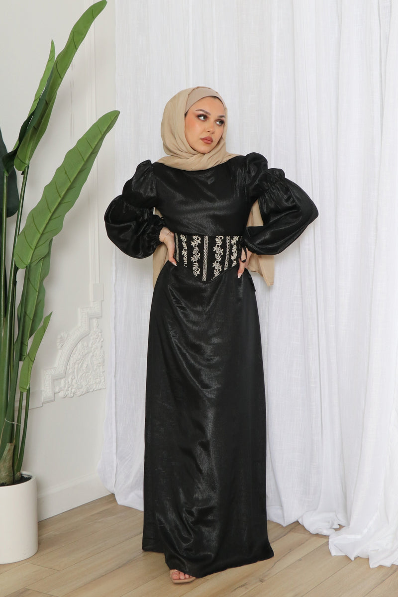Adelina Organza Embroidery Dress- Black