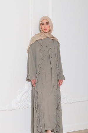 Lamya Beaded Chiffon Abaya Set- Desert Sage