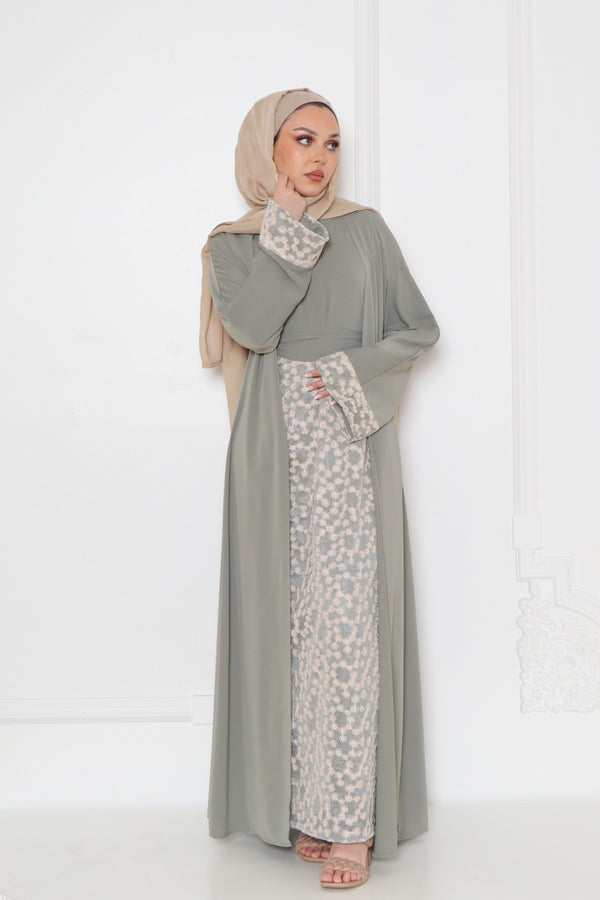 Azra Embroidery Abaya Set- Dusty Olive