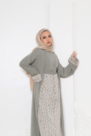 Azra Embroidery Abaya Set- Dusty Olive