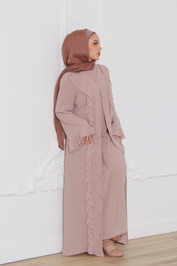Lamya Beaded Chiffon Abaya Set- Dusty Rose