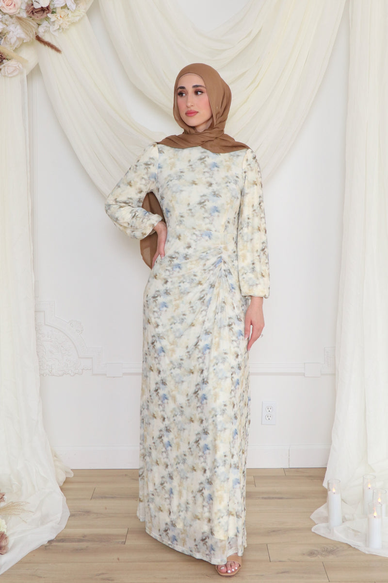 Hailey Mesh Print Dress- Cream/Blue