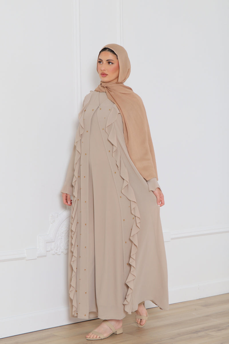 Lamya Beaded Chiffon Abaya Set- Sand