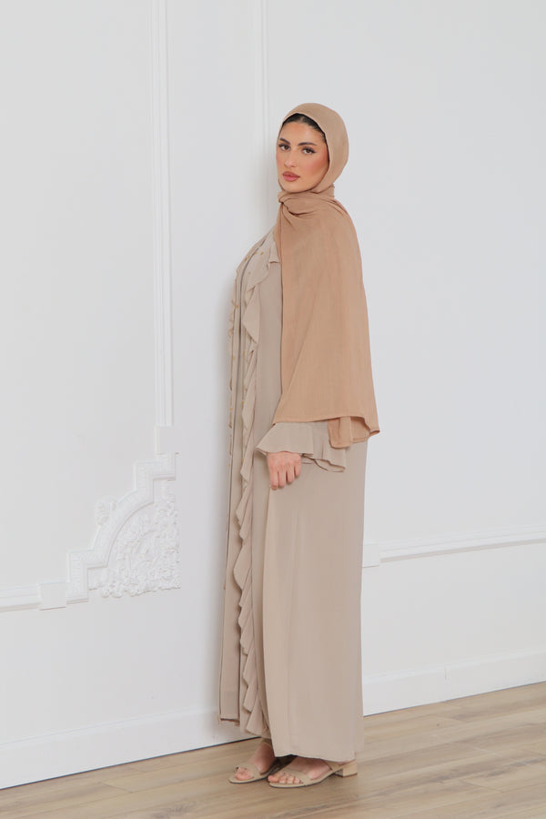 Lamya Beaded Chiffon Abaya Set- Sand