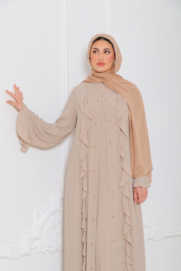 Lamya Beaded Chiffon Abaya Set- Sand