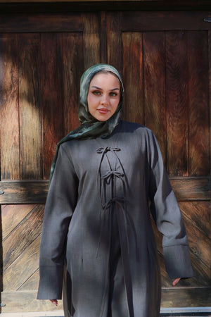 Ayla Linen Tie Abaya Set- Koala Gray