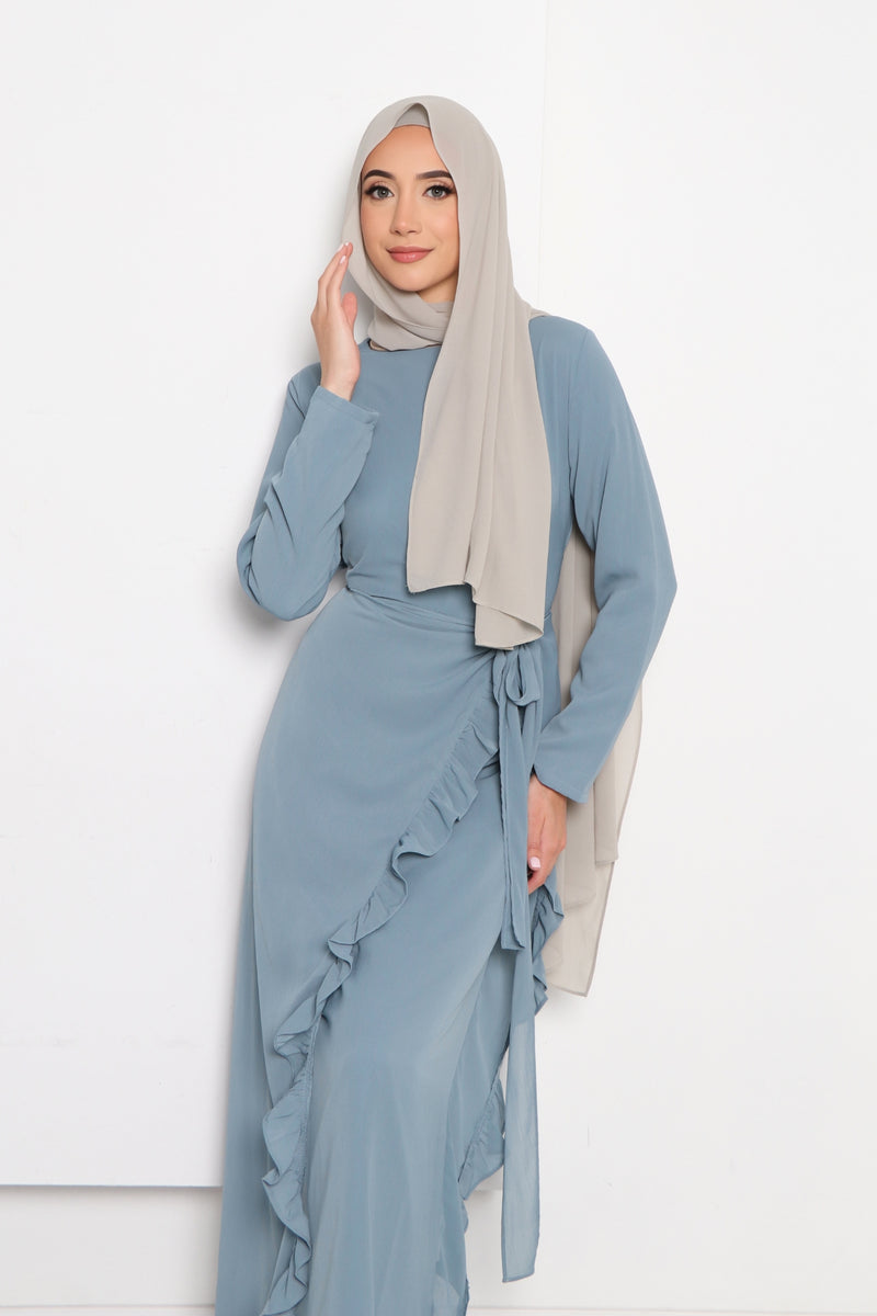 Dina Embroidery Abaya Set- Dusty Blue