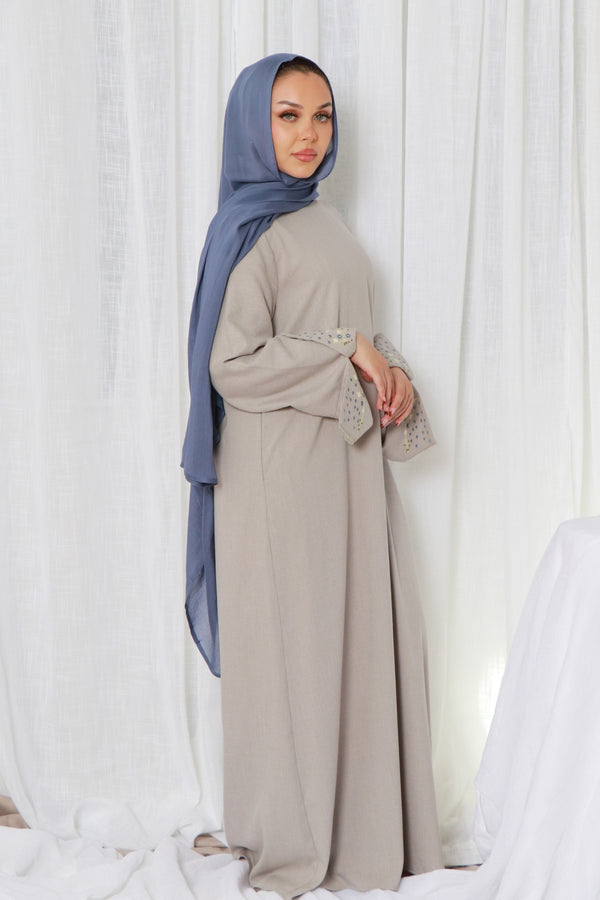 Soraya Embroidery linen Abaya- Gray