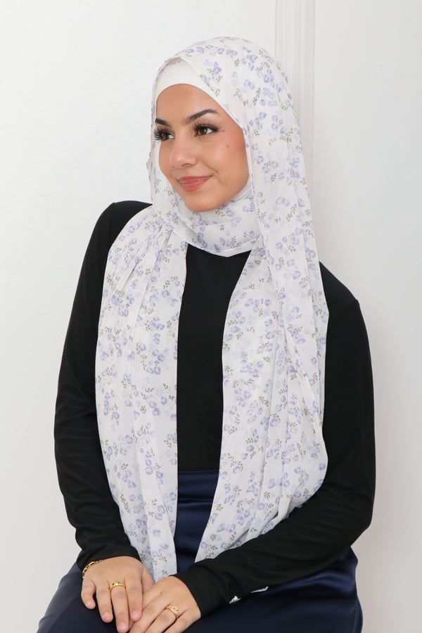 Floral Chiffon Scarf- White/ Blue