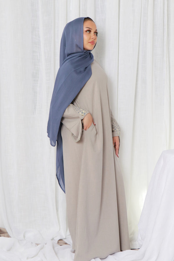 Soraya Embroidery linen Abaya- Gray