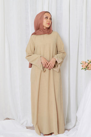 Soraya Embroidery linen Abaya- Beige