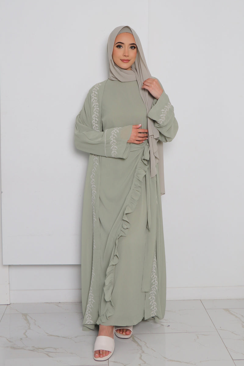 Dina Embroidery Abaya Set- Sage
