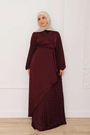 Della Pleat Wrap Dress- Mahogany