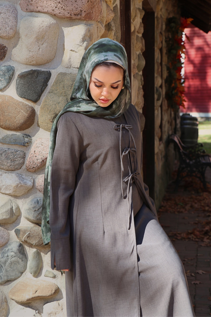 Ayla Linen Tie Abaya Set- Koala Gray