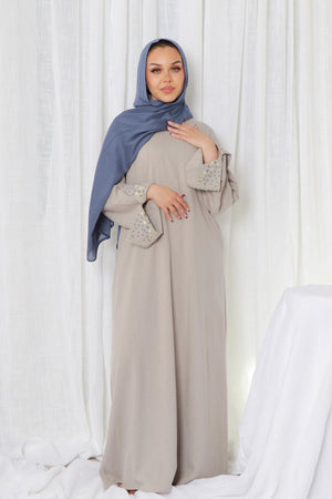 Soraya Embroidery linen Abaya- Gray