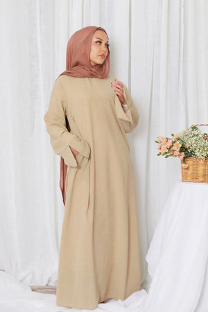 Soraya Embroidery linen Abaya- Beige