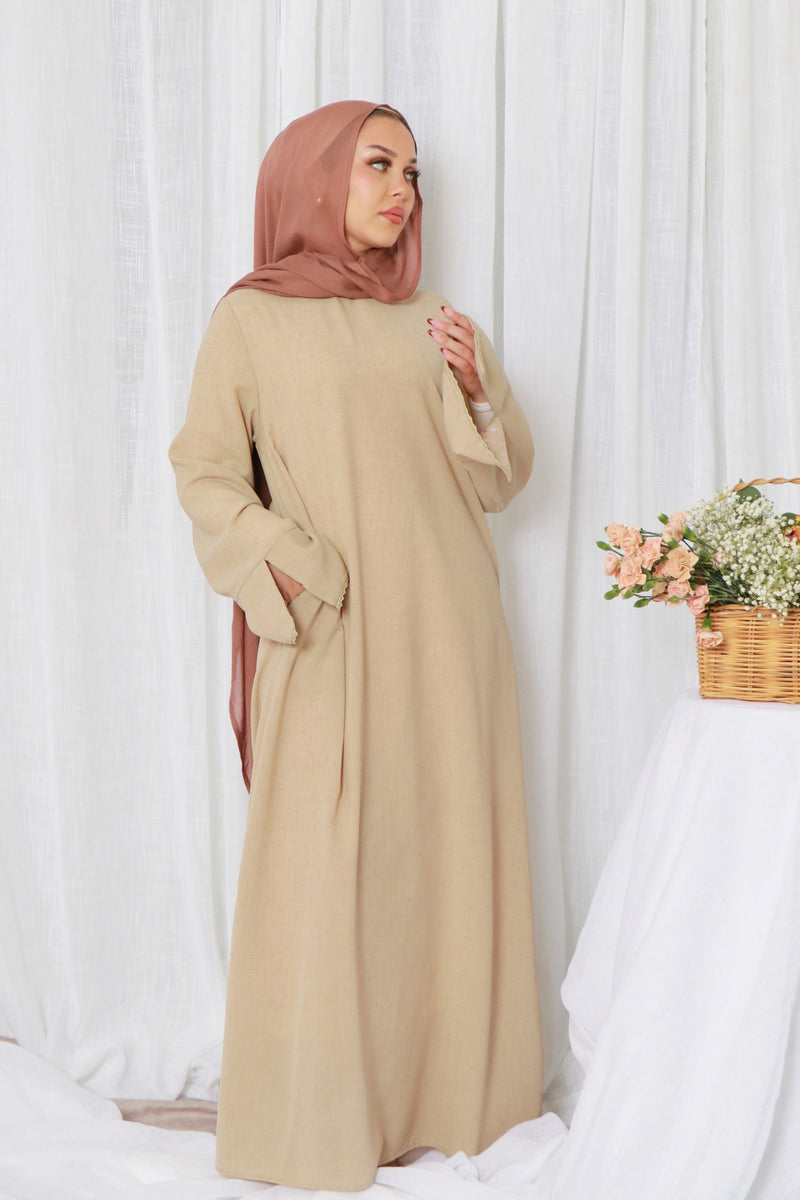 Soraya Embroidery linen Abaya- Beige