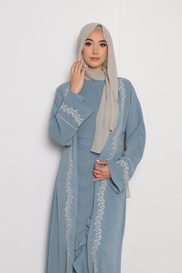 Dina Embroidery Abaya Set- Dusty Blue