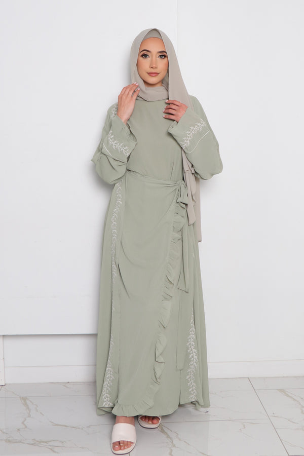 Dina Embroidery Abaya Set- Sage