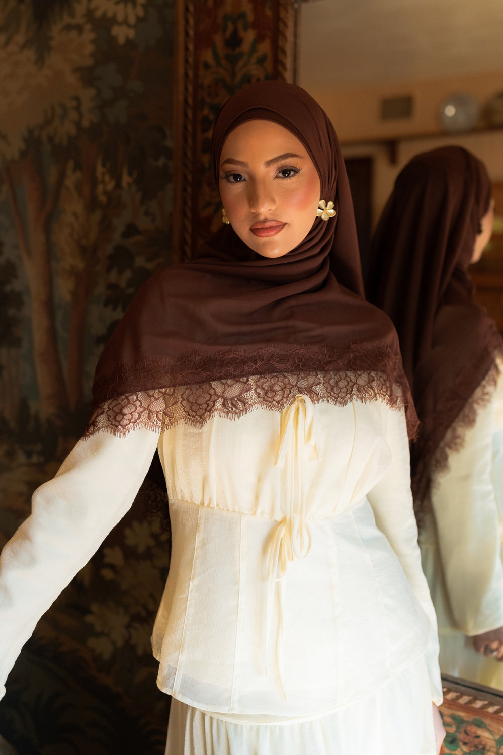 Premium Lace Chiffon Scarf- Deep Chocolate