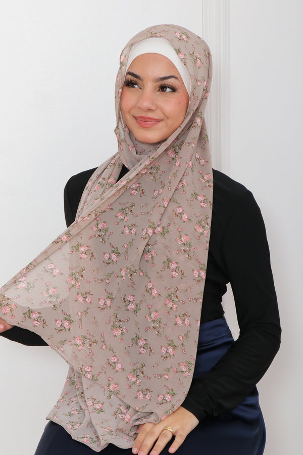 Floral Chiffon Scarf- Light Gray