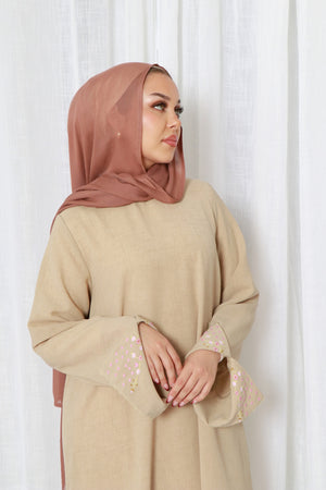 Soraya Embroidery linen Abaya- Beige