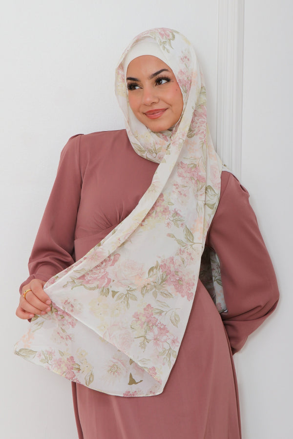 Floral Chiffon Scarf- Off White