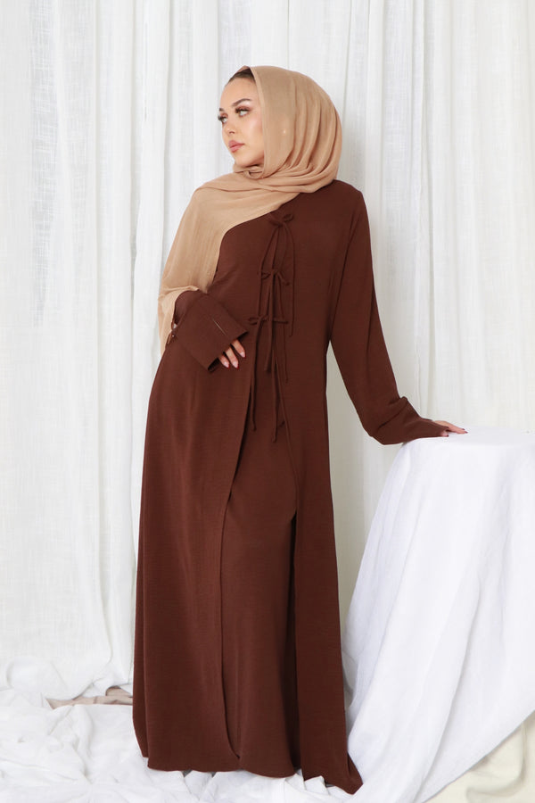 Ayla Textured Tie Abaya Set- Espresso