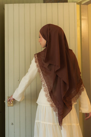 Premium Lace Chiffon Scarf- Deep Chocolate