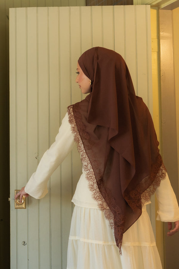 Premium Lace Chiffon Scarf- Deep Chocolate