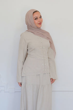 Mabel Linen Smock Skirt Set - Beige