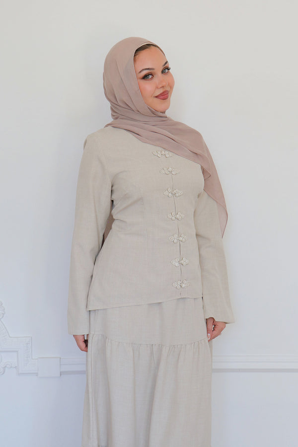 Mabel Linen Smock Skirt Set - Beige