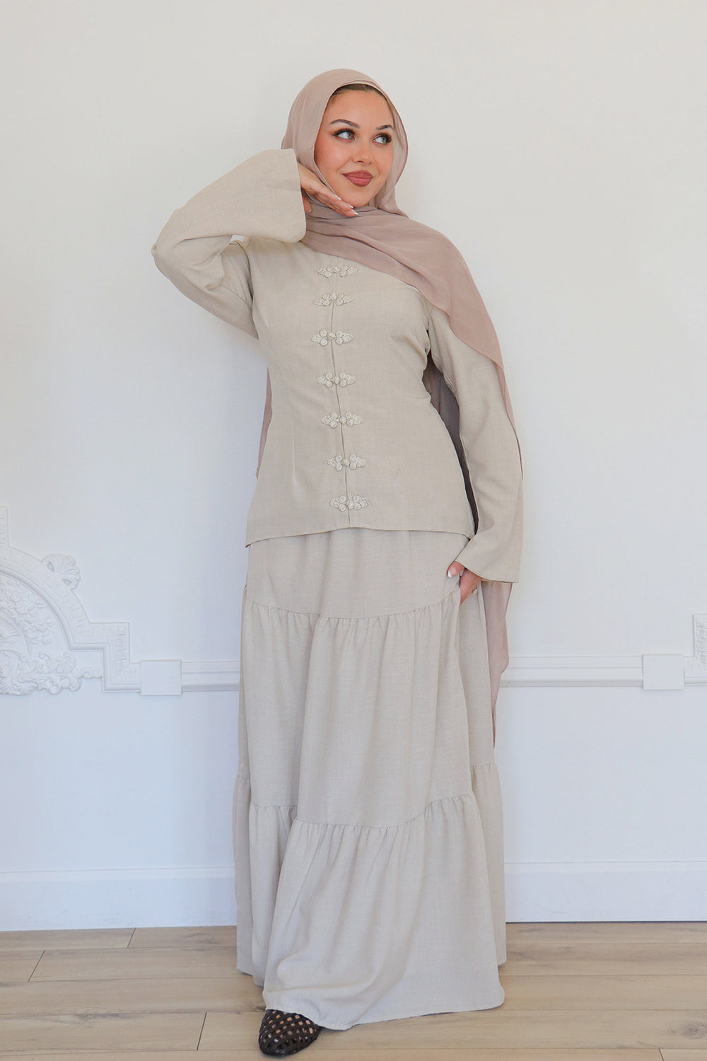 Mabel Linen Smock Skirt Set - Beige