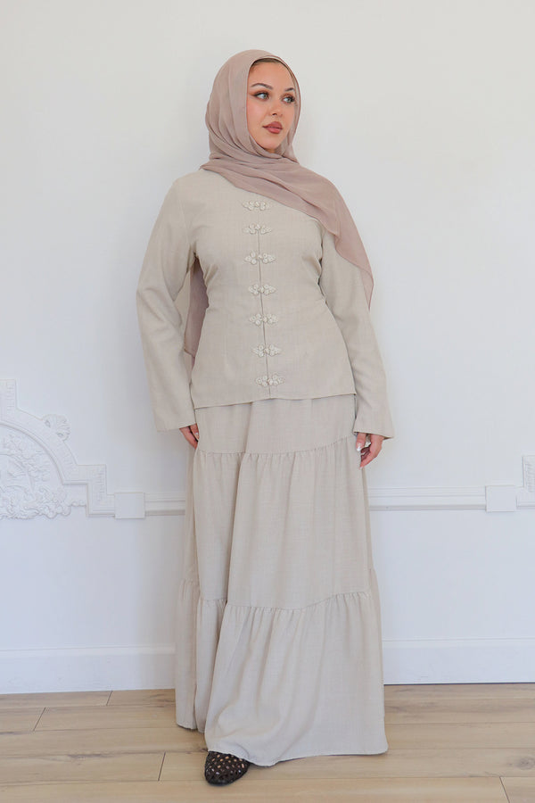 Mabel Linen Smock Skirt Set - Beige