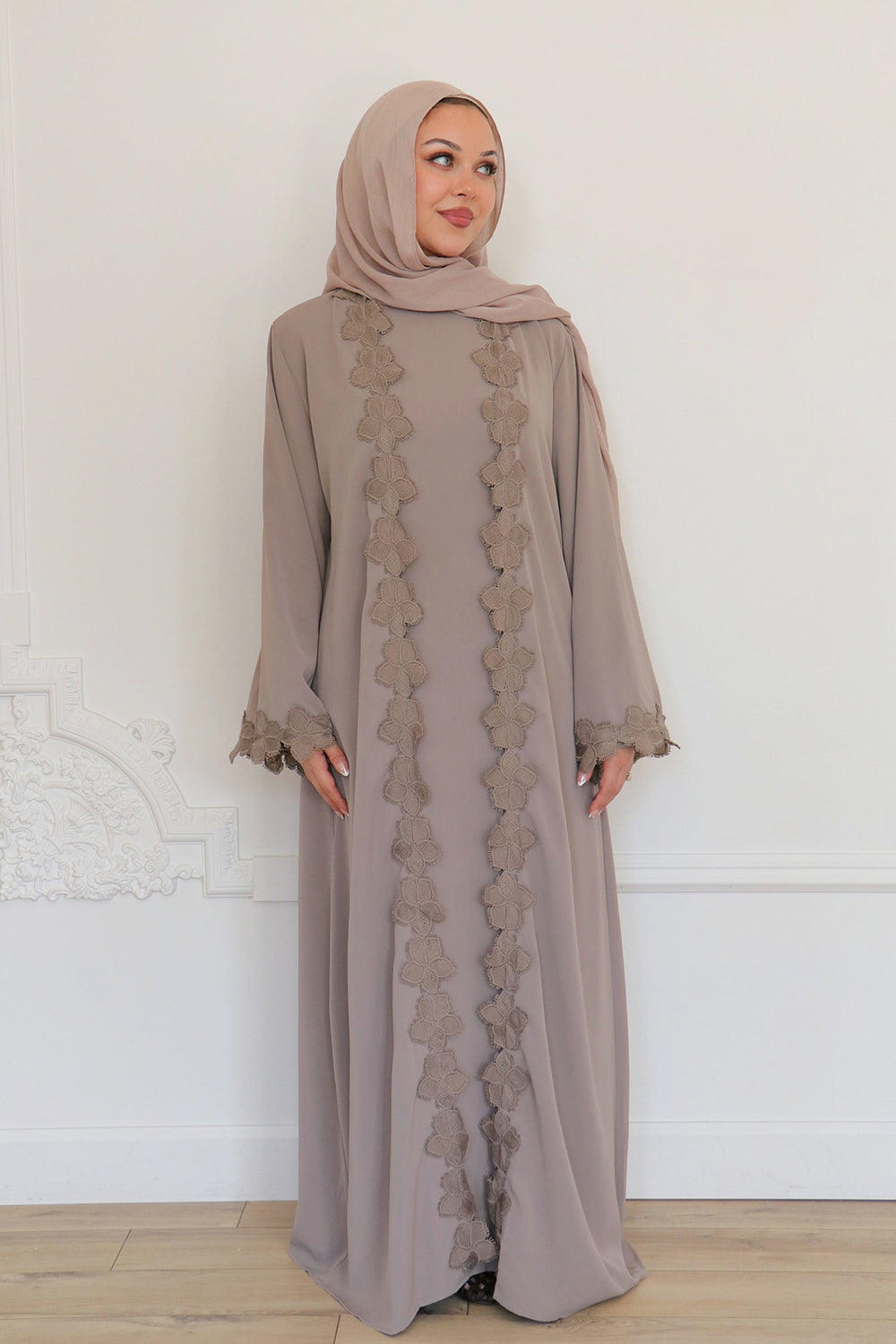 Malak Flower Abaya Set - Taupe