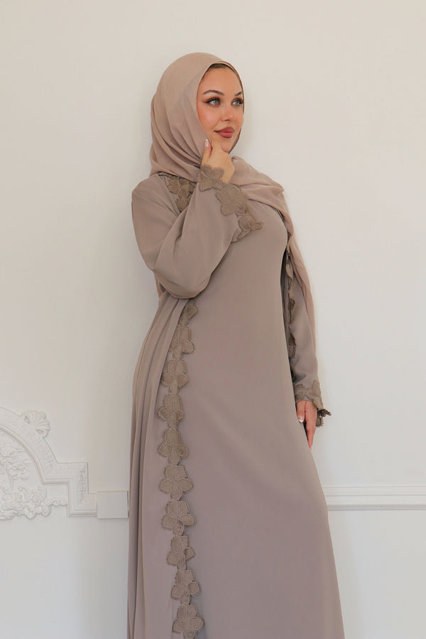 Malak Flower Abaya Set - Taupe