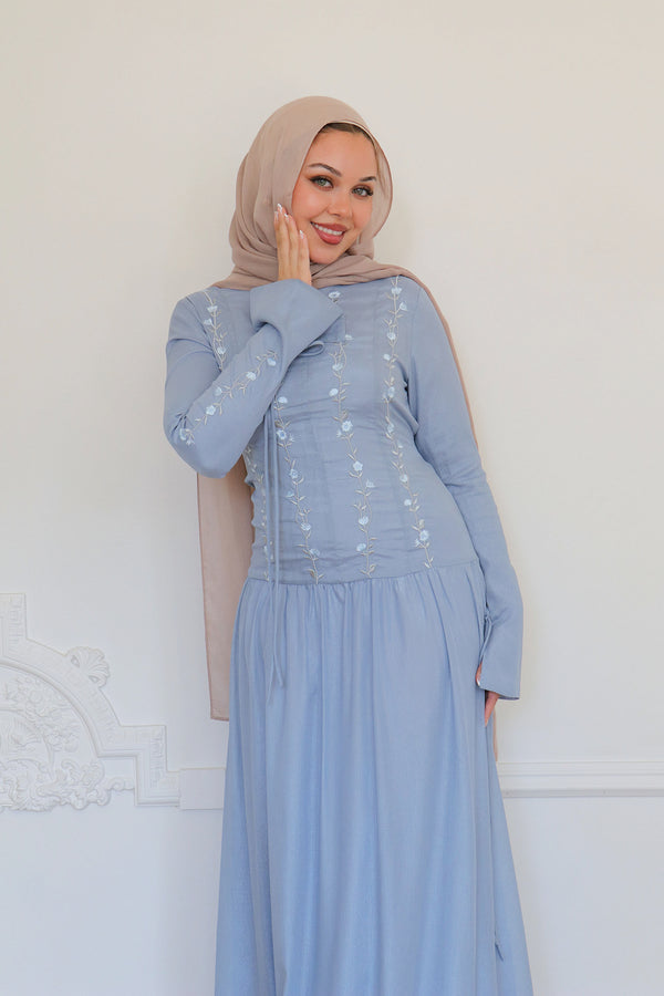 Soleil Embroidery Organza Dress - Blue Gray