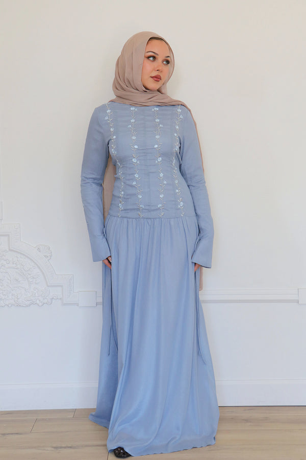 Soleil Embroidery Organza Dress - Blue Gray