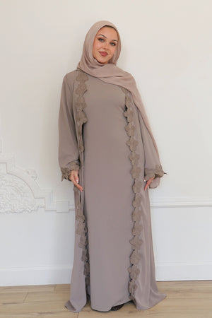 Malak Flower Abaya Set - Taupe